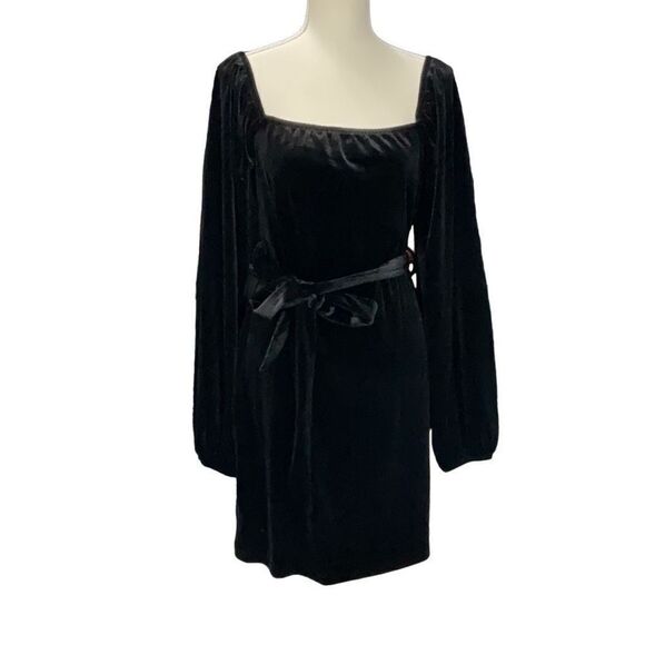 And Now This Black Velvet Long Raglan Sleeve Belted Dress Stretch Square Neck L - Picture 1 of 6